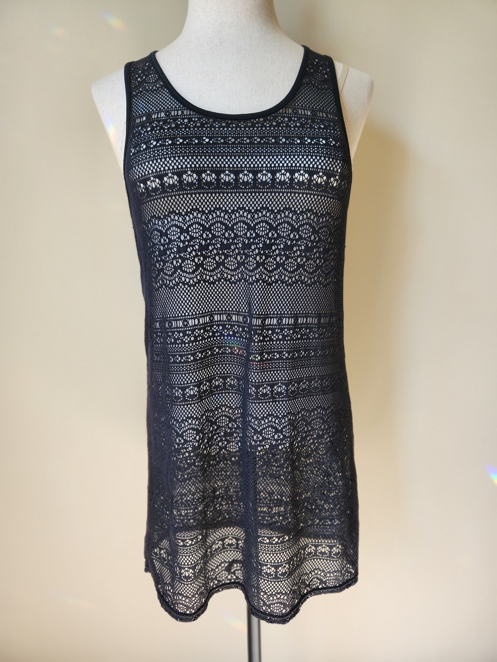 Roxy Black Crochet Lace Knit Tank Tunic Swim Cover Up Dress Size Large